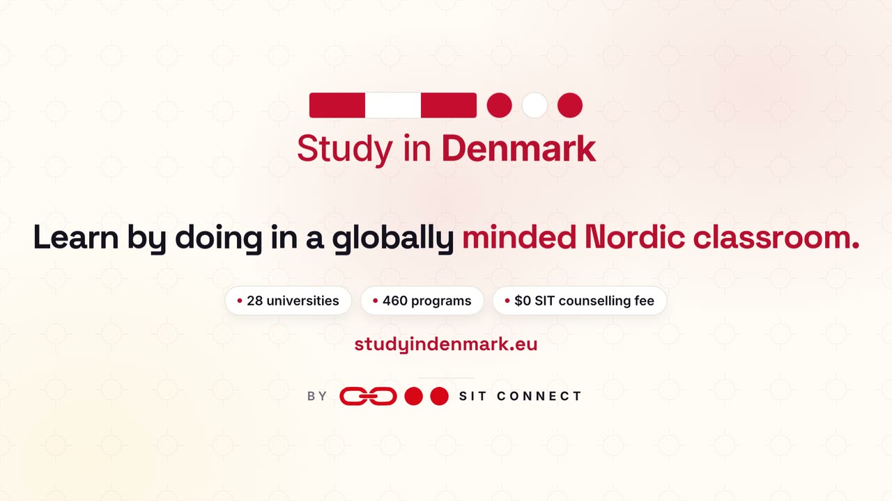 Promotional video about studying in Denmark: a student pass stamped admitted, six application steps completed one by one, and student cities in Denmark.